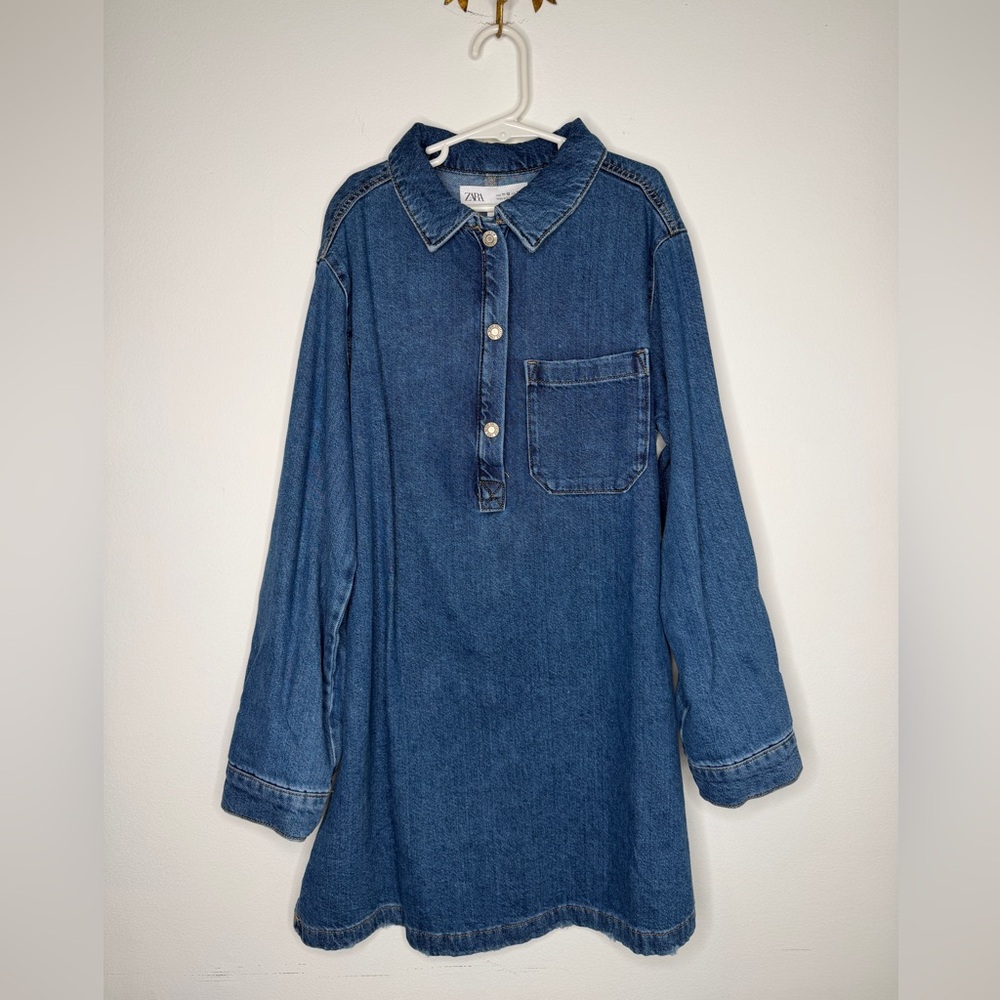 ZARA Girls Light Blue Denim Dress with Contrast Stitching